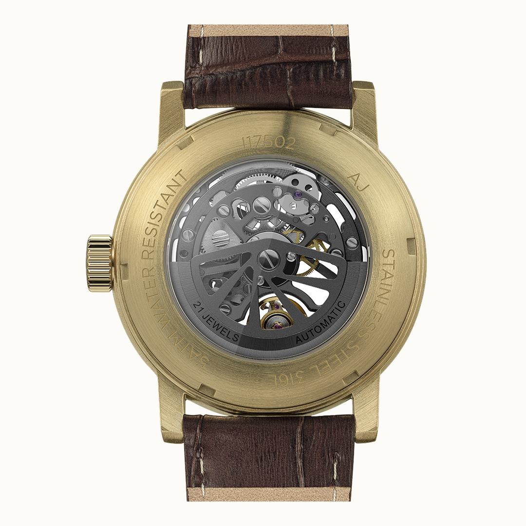 Ingersoll Armbanduhr-Rückseite mit Automatikwerk, goldenes Gehäuse, Lederband