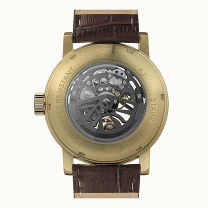 Ingersoll Armbanduhr-Rückseite mit Automatikwerk, goldenes Gehäuse, Lederband