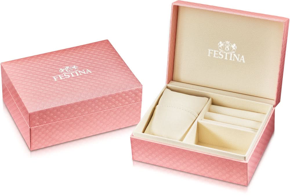 Rosa Festina klockbox med öppet lock och beige innerfack