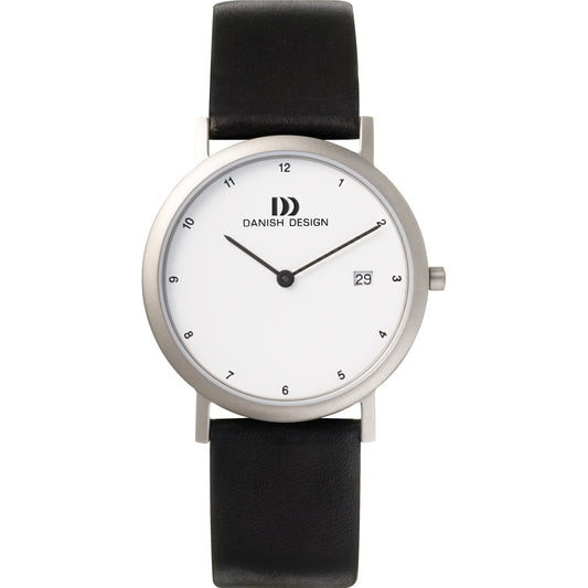Herrenarmbanduhr Danish Design mit schwarzem Lederband, silbernem Titangehäuse, weißem Zifferblatt und Datumsanzeige