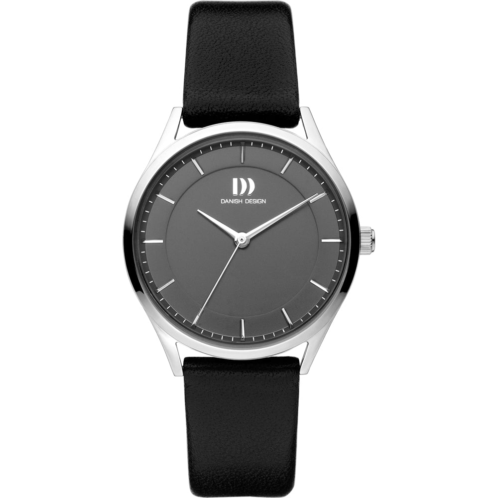 Danish Design Damenarmbanduhr mit schwarzem Zifferblatt, schwarzem Lederband und silbernem Gehäuse