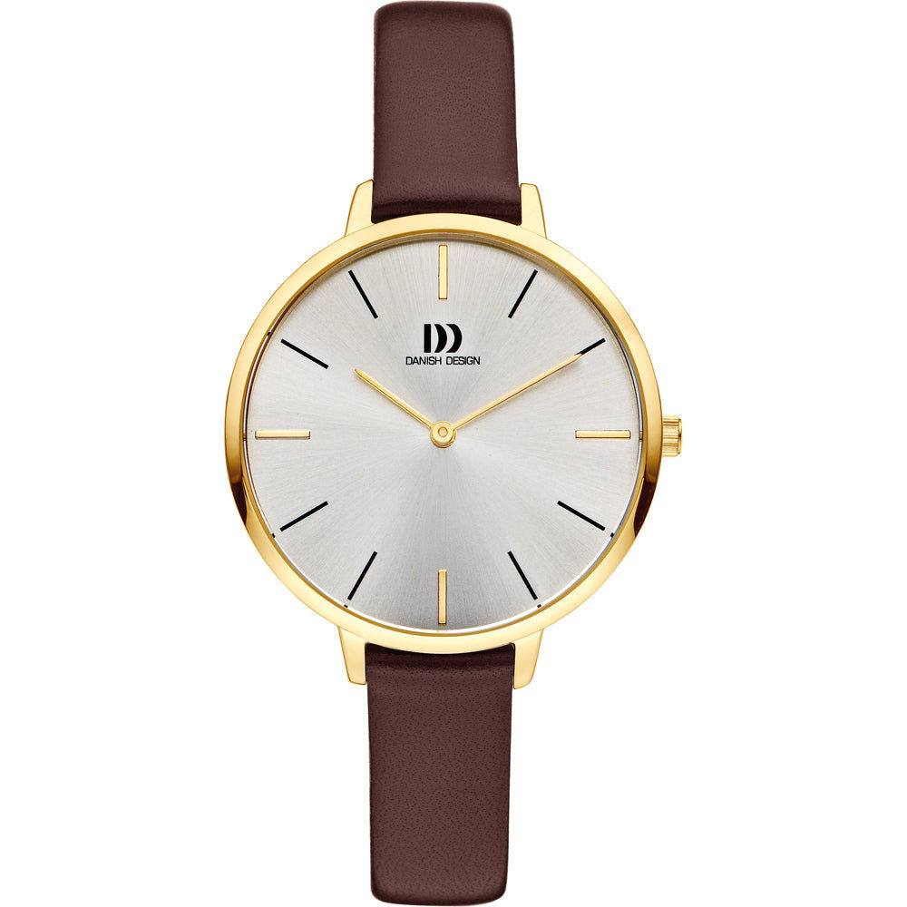 Damenuhr mit braunem Lederarmband, rundem goldfarbenem Gehäuse und weißem Zifferblatt