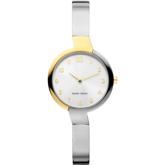 Damen-Armbanduhr mit silbernem Metallarmband, weißem Zifferblatt und goldenen Indexen