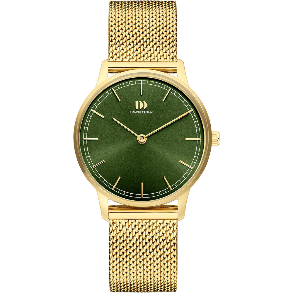 Damenarmbanduhr Danish Design mit grünem Zifferblatt, goldenem Milanaise-Armband und Rundgehäuse.
