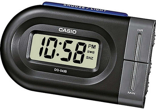 Casio digital väckarklocka med LCD-display och snooze/alarmknappar, svart