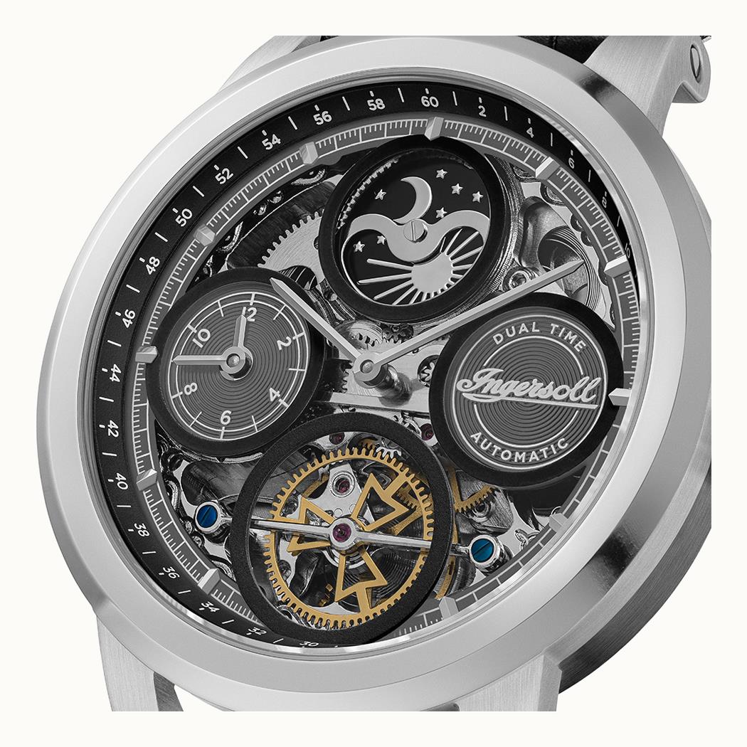 Herren-Armbanduhr Ingersoll: skelettiertes Zifferblatt mit Dual-Time-Relief