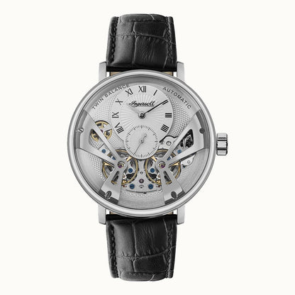 Ingersoll Herren-Armbanduhr mit silbernem Gehäuse, schwarzem Lederband und Skelettzifferblatt