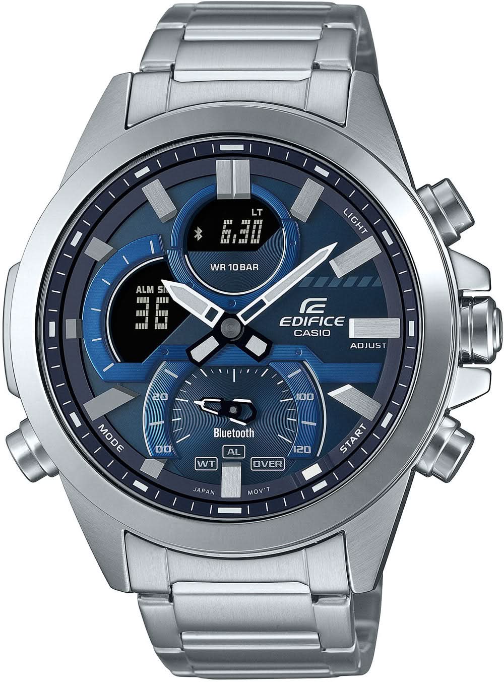 Casio EDIFICE herrklocka med blå urtavla och silverfärgat armband i rostfritt stål