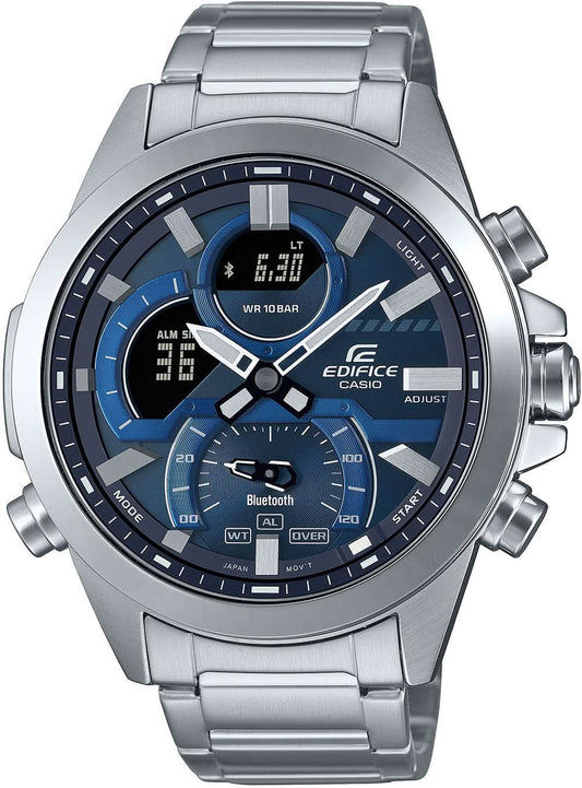 Casio EDIFICE herrklocka med blå urtavla och silverfärgat armband i rostfritt stål