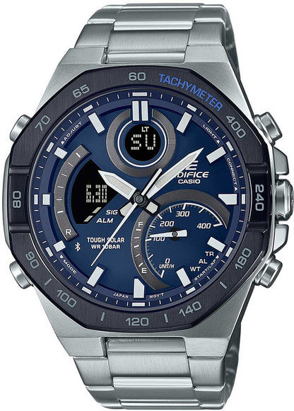 Casio Edifice herrur med mörkblå urtavla, tachymeter och armband i rostfritt stål