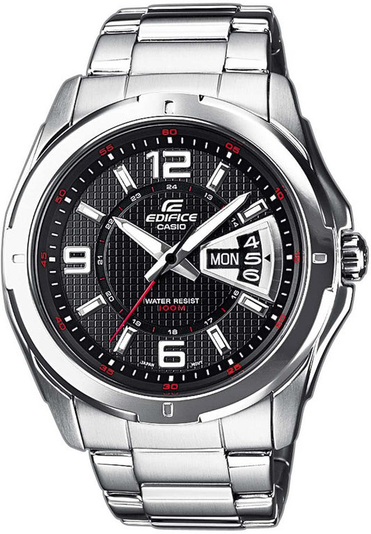 Casio Edifice herrarmbandsur: silverfärgat metallarmband, svart urtavla, datumvisning