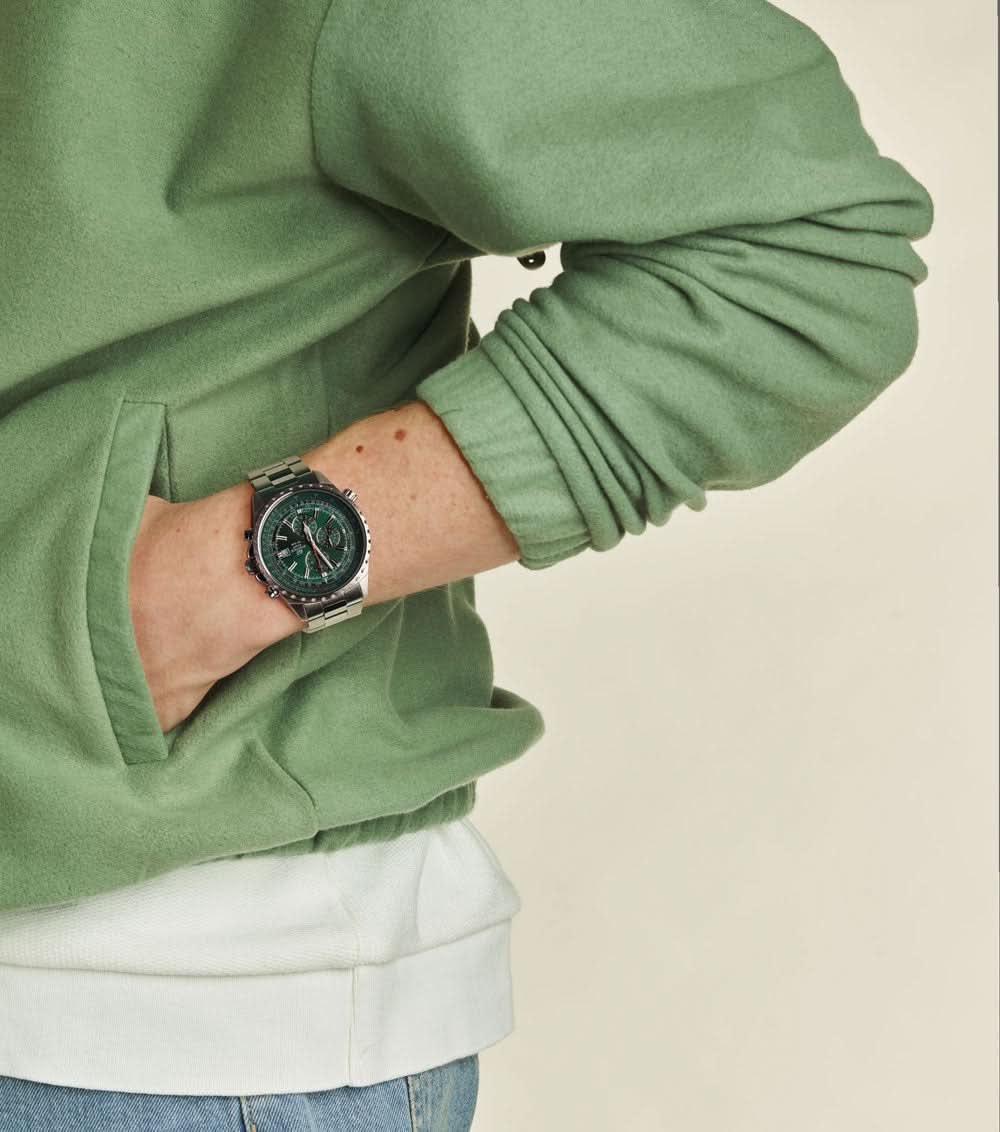 Herrklocka med grön urtavla och armband i rostfritt stål
