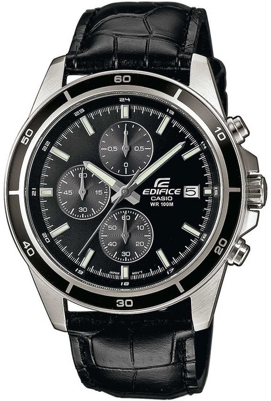 Casio Edifice herrklocka med svart läderarmband, svart urtavla och kronograf-suburtavlor