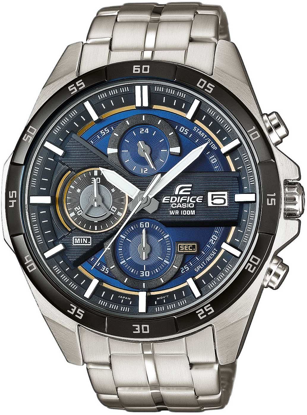 Casio Edifice herrklocka med armband i rostfritt stål, rund mörk urtavla och blå kronograf-suburtavlor