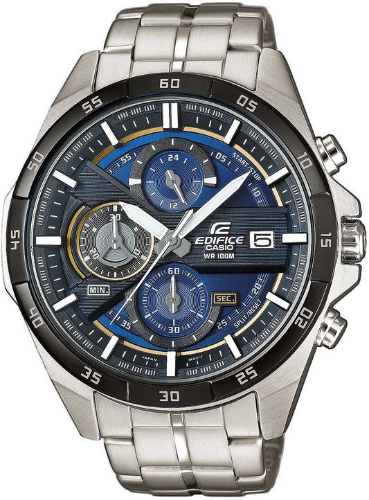 Casio Edifice herrklocka med armband i rostfritt stål, rund mörk urtavla och blå kronograf-suburtavlor