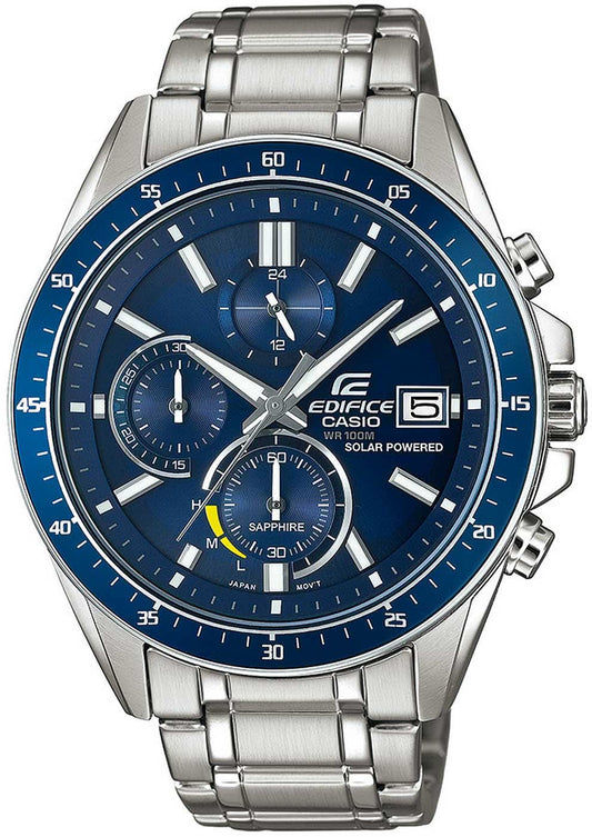 Herrklocka med blå kronografurtavla, tre subdials och armband i rostfritt stål.