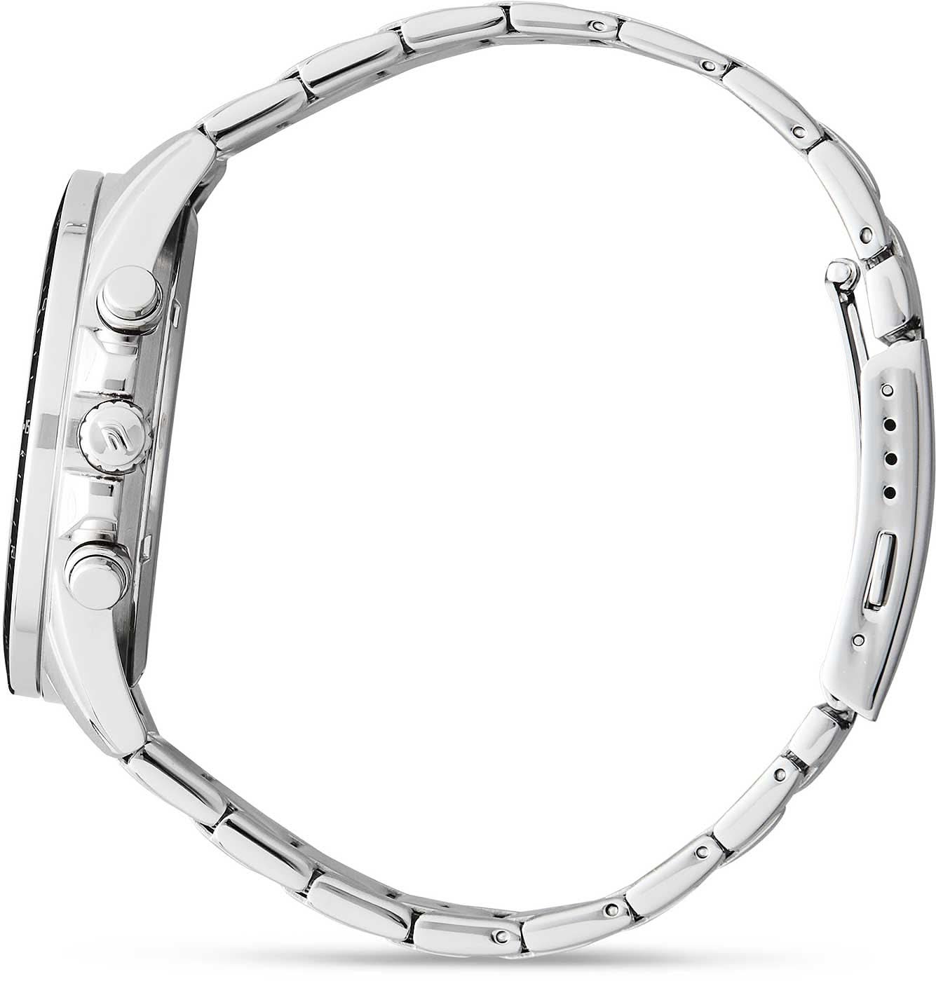 Armbandsur för herrar i sidoprofil med krona och knappar, länkarmband i rostfritt stål.