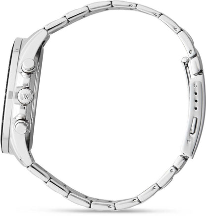Armbandsur för herrar i sidoprofil med krona och knappar, länkarmband i rostfritt stål.