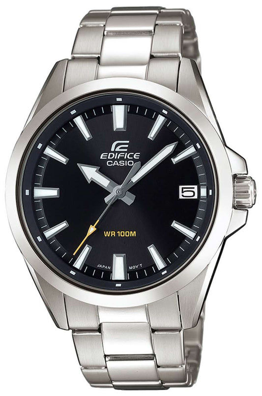 Casio Edifice herrklocka med silverfärgat rostfritt stålarmband och mörk urtavla, WR100M
