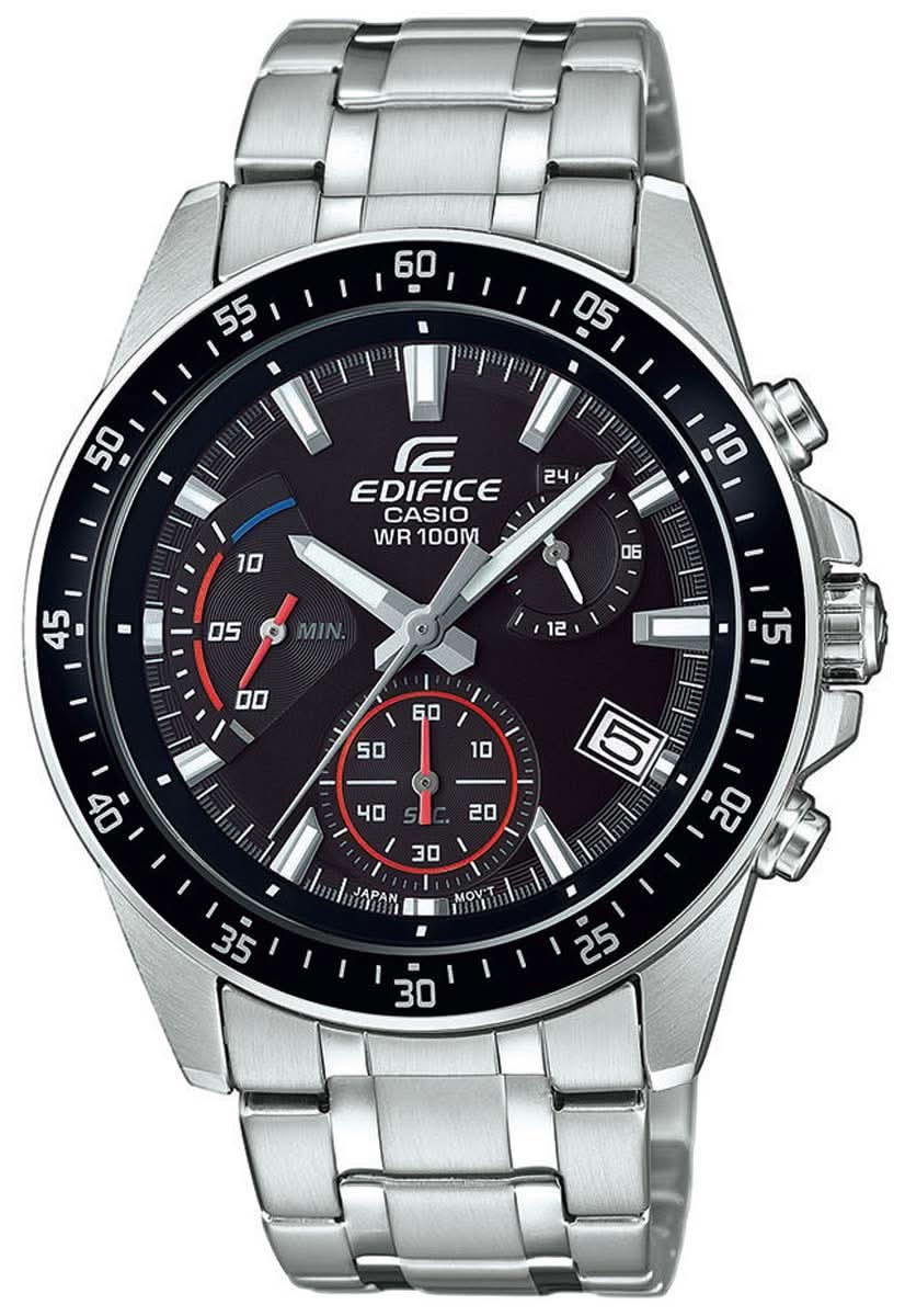Casio EDIFICE herrklocka, svart urtavla med röda detaljer, rostfritt stålarmband