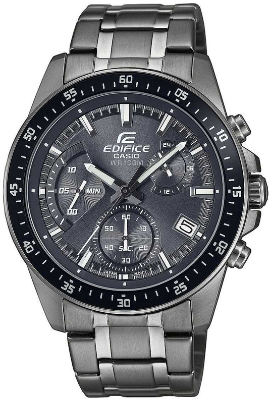 Casio Edifice herrklocka kronograf med svart urtavla och armband i metall.