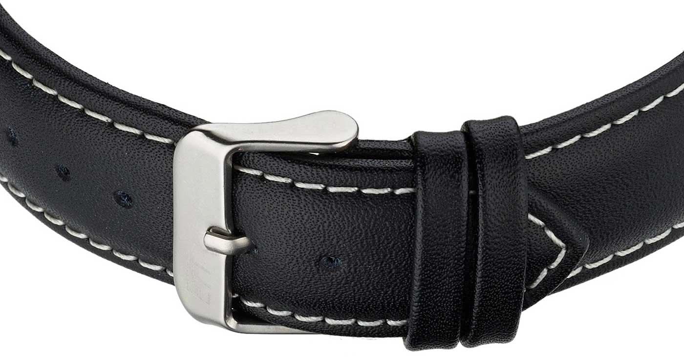 Armbandsur för herrar: svart läderarmband med silverfärgat metallspänne och vita sömmar