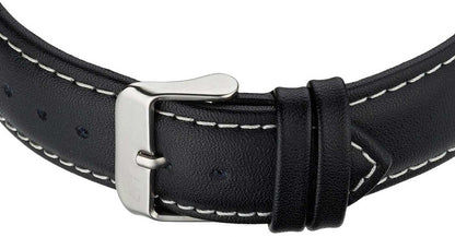 Armbandsur för herrar: svart läderarmband med silverfärgat metallspänne och vita sömmar