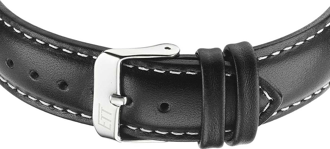Herrklocka armband: svart läder med söm, silverfärgat spänne