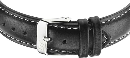 Herrklocka armband: svart läder med söm, silverfärgat spänne