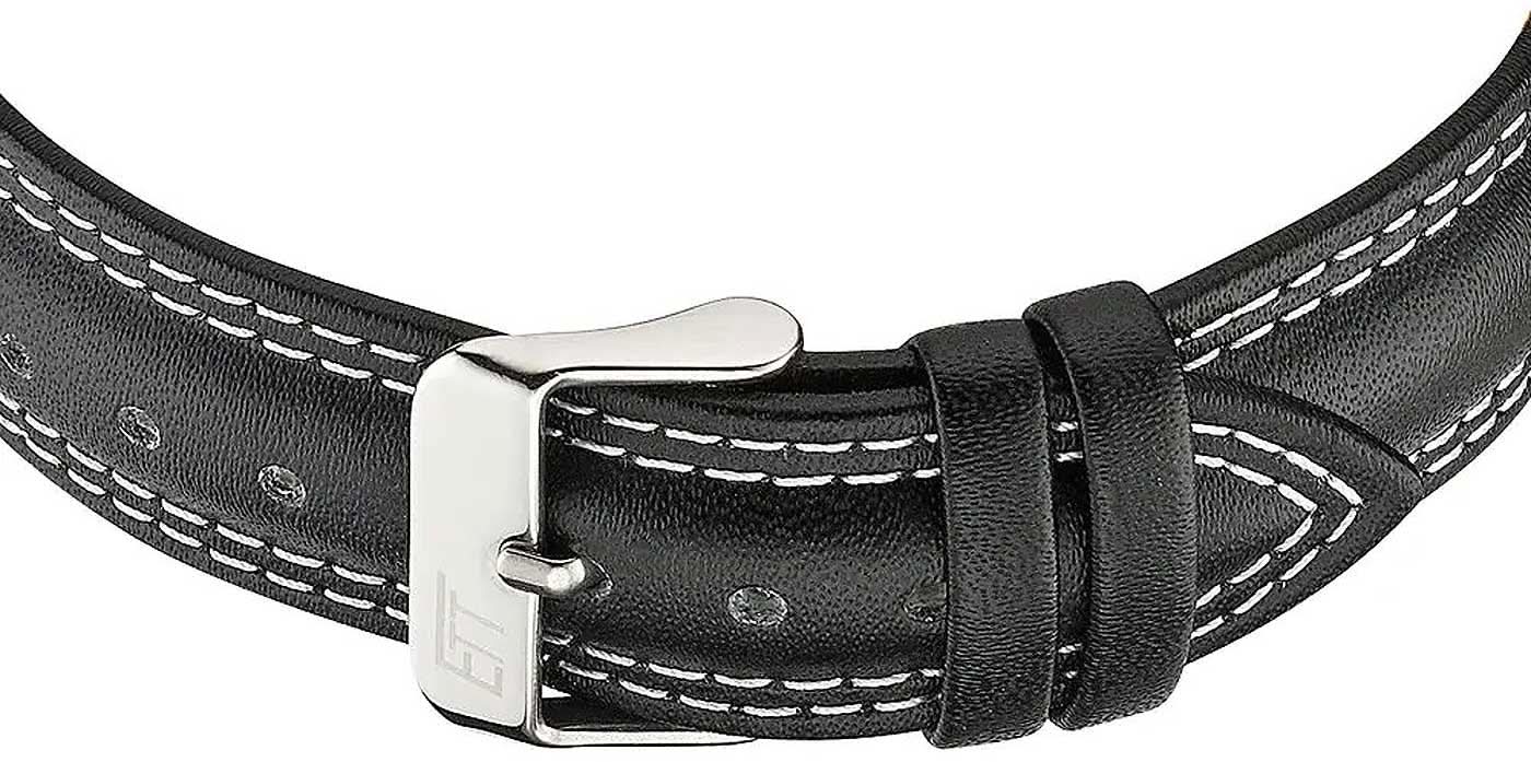Herrklocka: svart läderarmband med silverfärgat stiftspänne och synlig söm