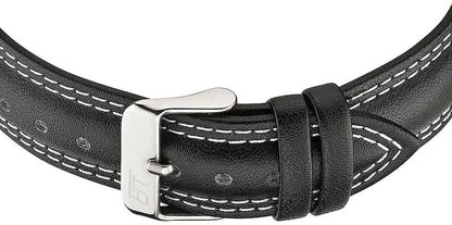 Herrklocka: svart läderarmband med silverfärgat stiftspänne och synlig söm