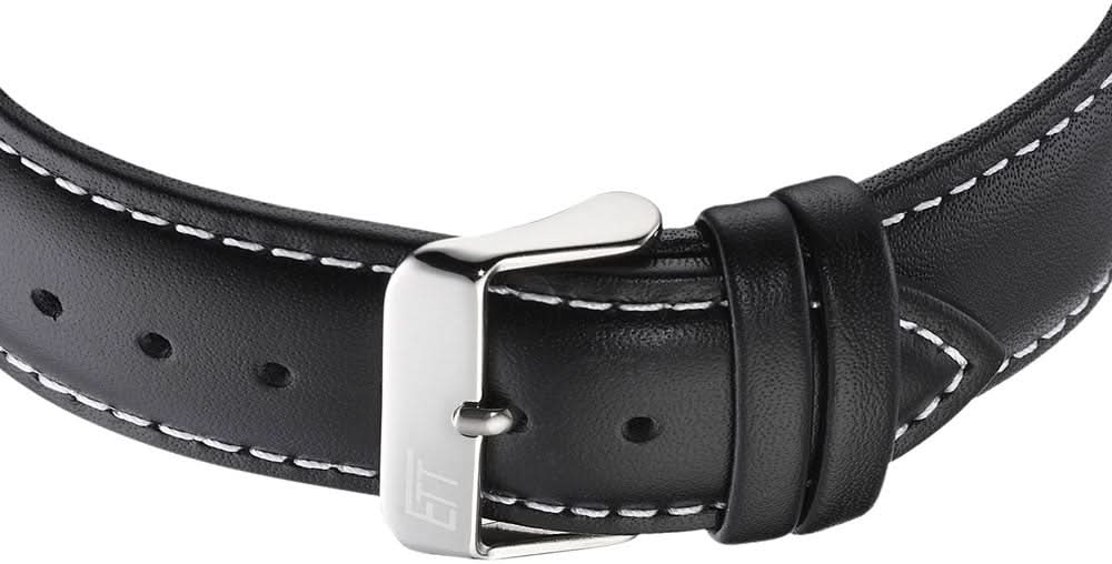 Armbandsur för herrar med svart läderband, metallspänne och dekorativa sömmar