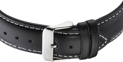 Armbandsur för herrar med svart läderband, metallspänne och dekorativa sömmar