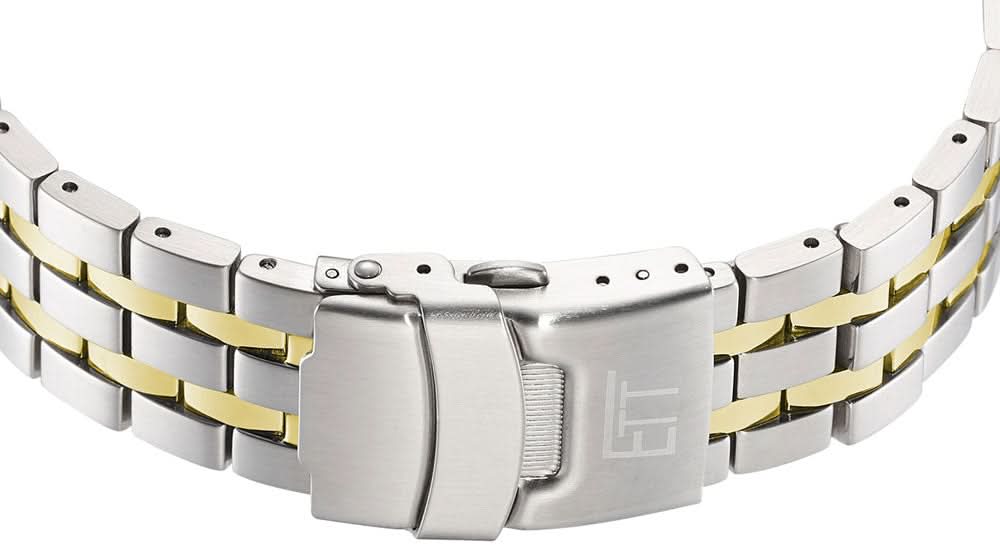 Herrklocka i metall, silver- och gulrandigt armband med spänne