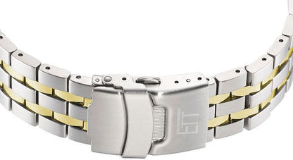 Herrklocka i metall, silver- och gulrandigt armband med spänne