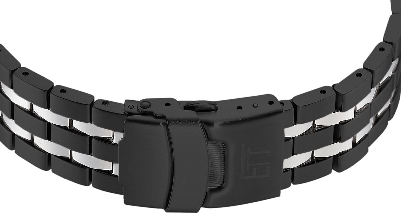 Klockarmband för herrar med svarta och silvriga metallänkar och spänne