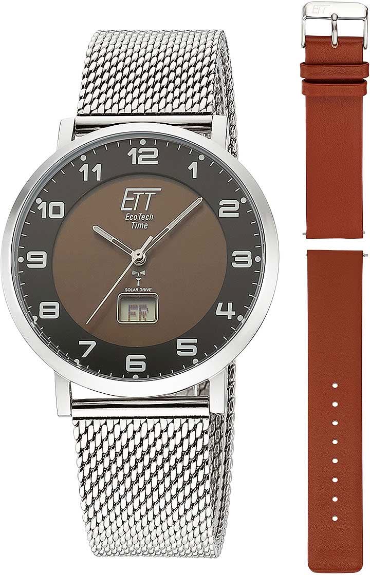 Herrarmbandsur med silverfärgat hölje, mörk urtavla och metallmeshband, brunt armband