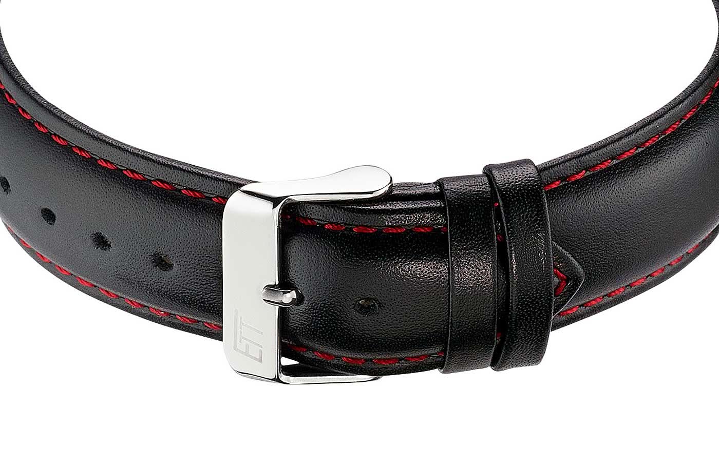 Herrarmbandsur: svart läderarmband med stiftspänne i metall och röda sömmar