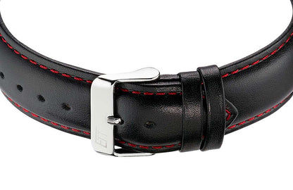 Herrarmbandsur: svart läderarmband med stiftspänne i metall och röda sömmar