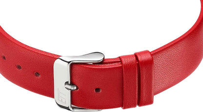 "Damklocka: rött läderarmband med stiftspänne och silverfärgat spänne."