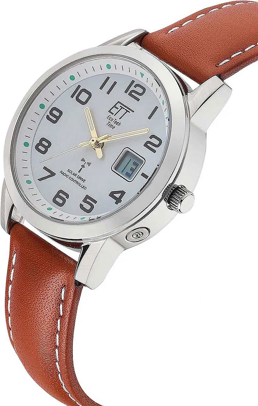 Damklocka med brunt läderarmband, boett i silver och digital display