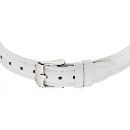 "Damklocka: vitt läderarmband med metallspänne och lås"
