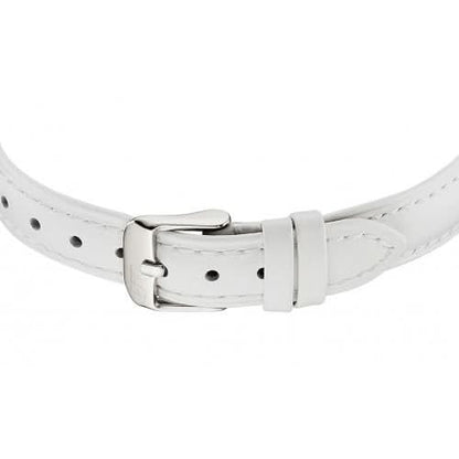 "Damklocka: vitt läderarmband med metallspänne och lås"