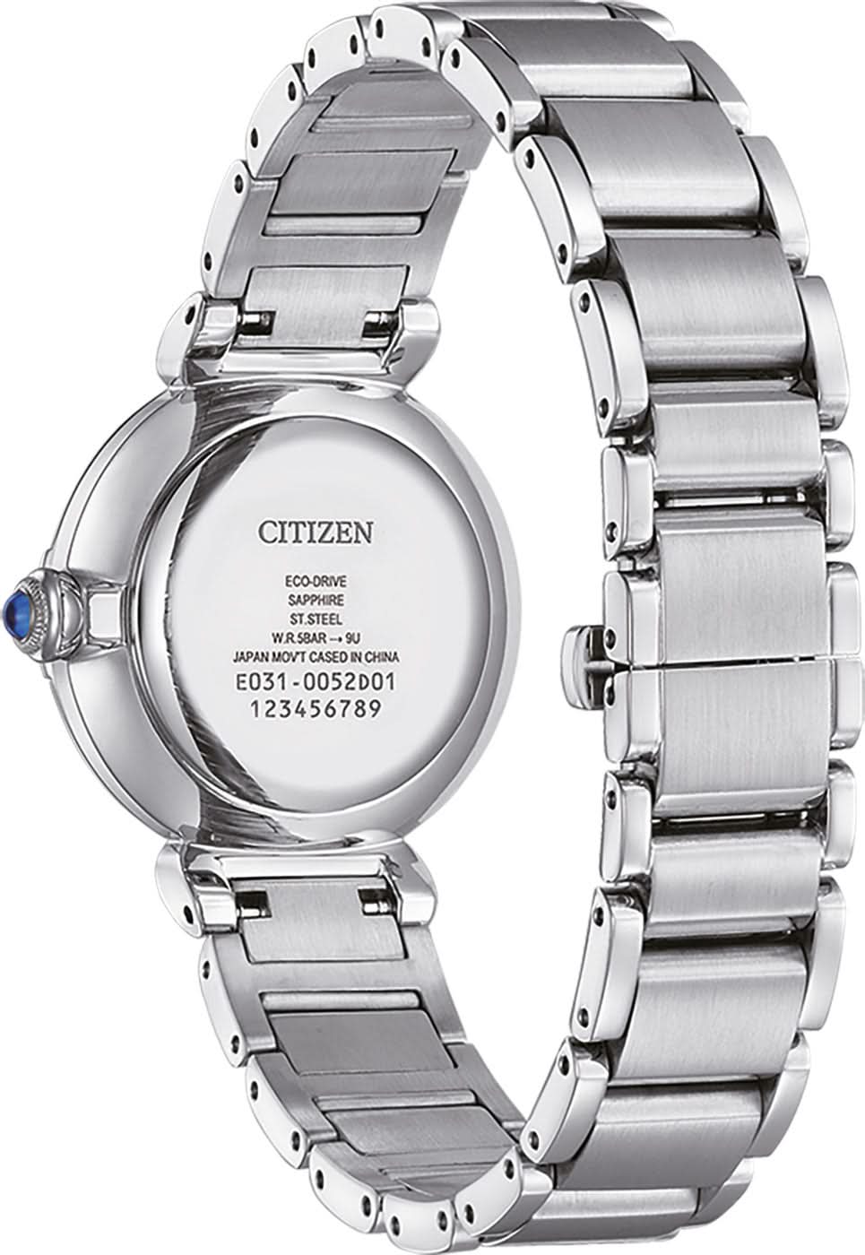 Damklocka med baksida prydd av Citizen- och Eco-Drive-logotyper samt armband i silverfärgat rostfritt stål