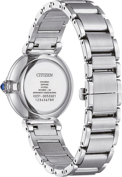Damklocka med baksida prydd av Citizen- och Eco-Drive-logotyper samt armband i silverfärgat rostfritt stål
