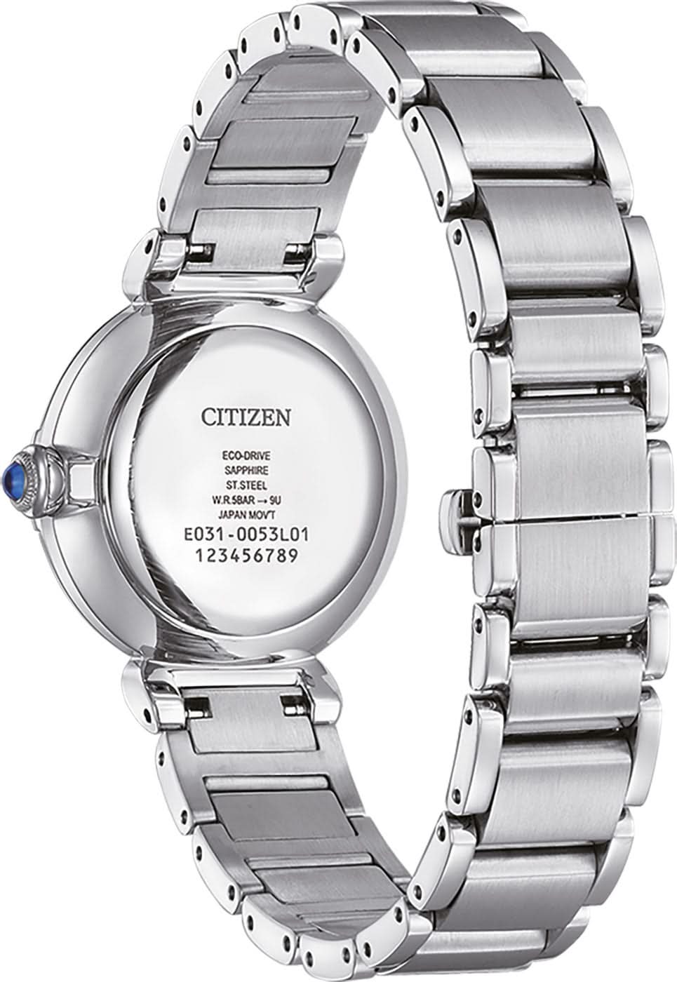 Citizen Eco-Drive damklocka, armband i rostfritt stål, graverad baksida och blått kronöverdrag