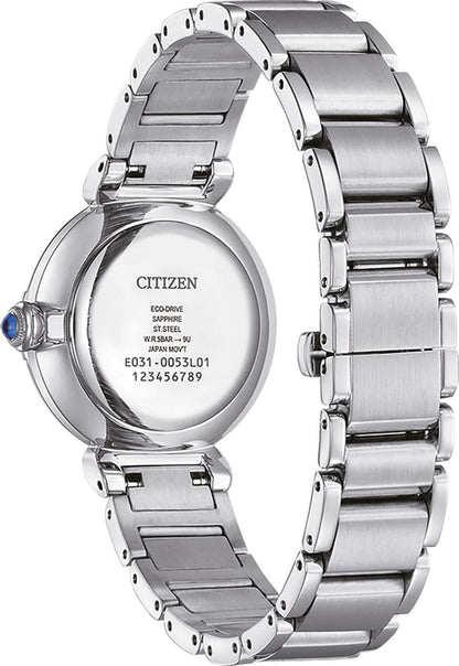 Citizen Eco-Drive damklocka, armband i rostfritt stål, graverad baksida och blått kronöverdrag