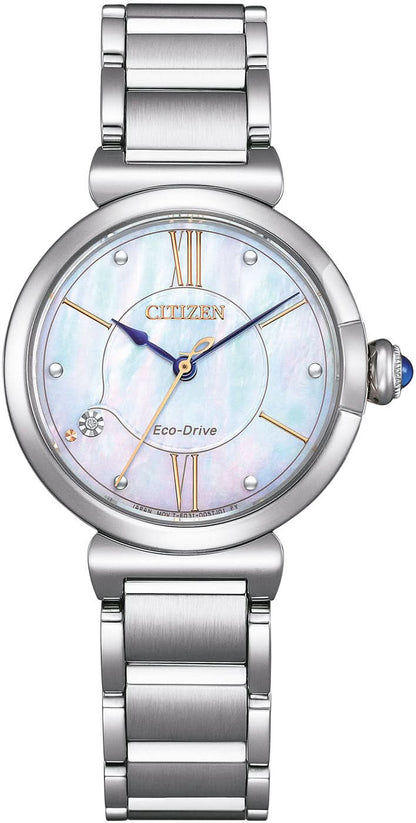 Citizen Eco-Drive damklocka, armband i silverfärgat rostfritt stål, blå urtavla med romerska siffror
