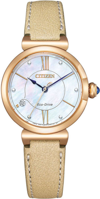 Damklocka Citizen: roséguldigt boett, silverfärgad urtavla, beige läderarmband.