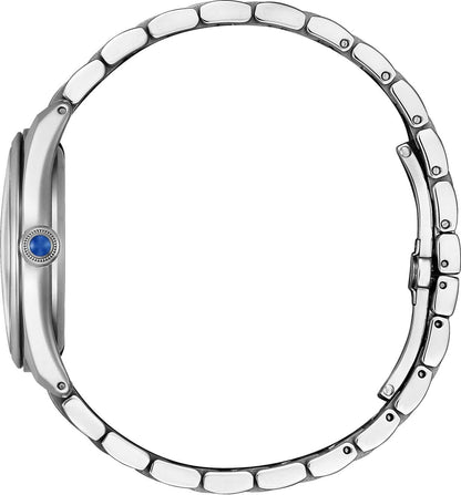 Damklocka med boett, krona och armband i rostfritt stål med blå detaljer